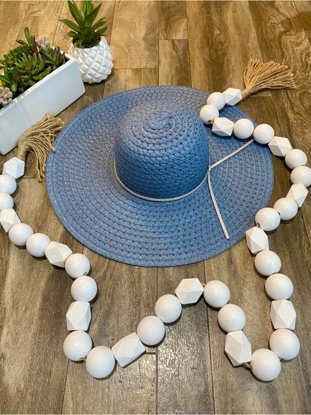 Wide-Brim Straw Sun Hat for Women in Light Blue with Adjustable Tie